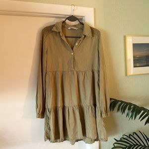 Zara Olive Green Boho Mini Dress Long Sleeve Size XS